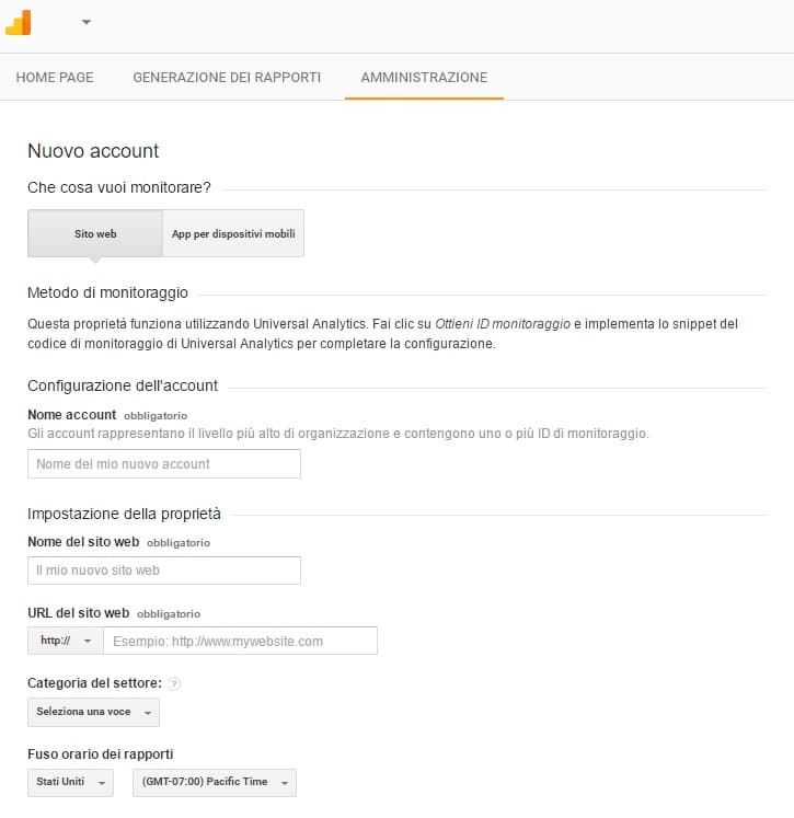 google analytics registrazione sito web