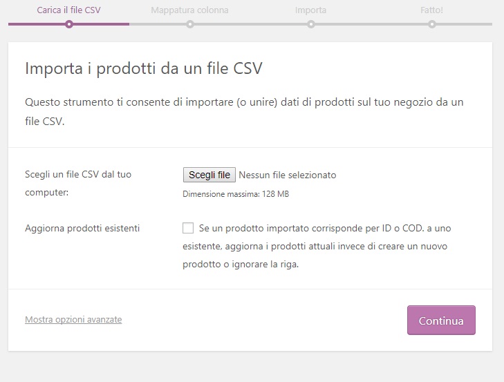 importa file CSV woocommerce