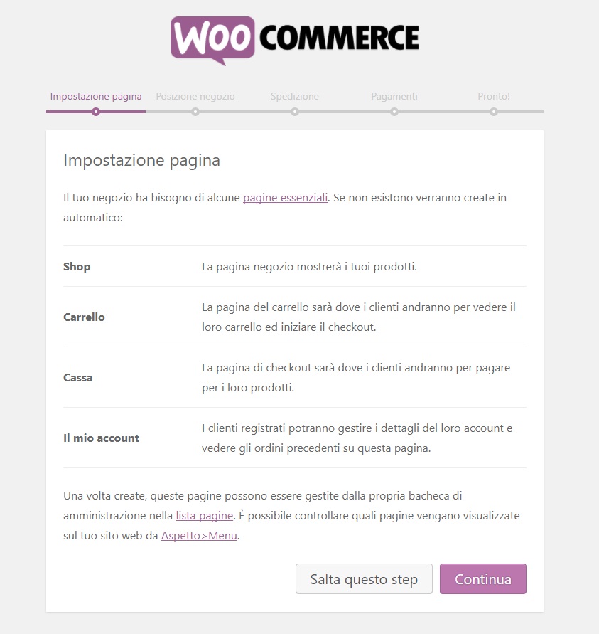 impostazione pagina wizard woocommerce