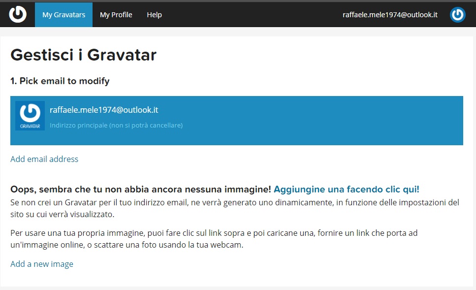 pannello di controllo di Gravatar