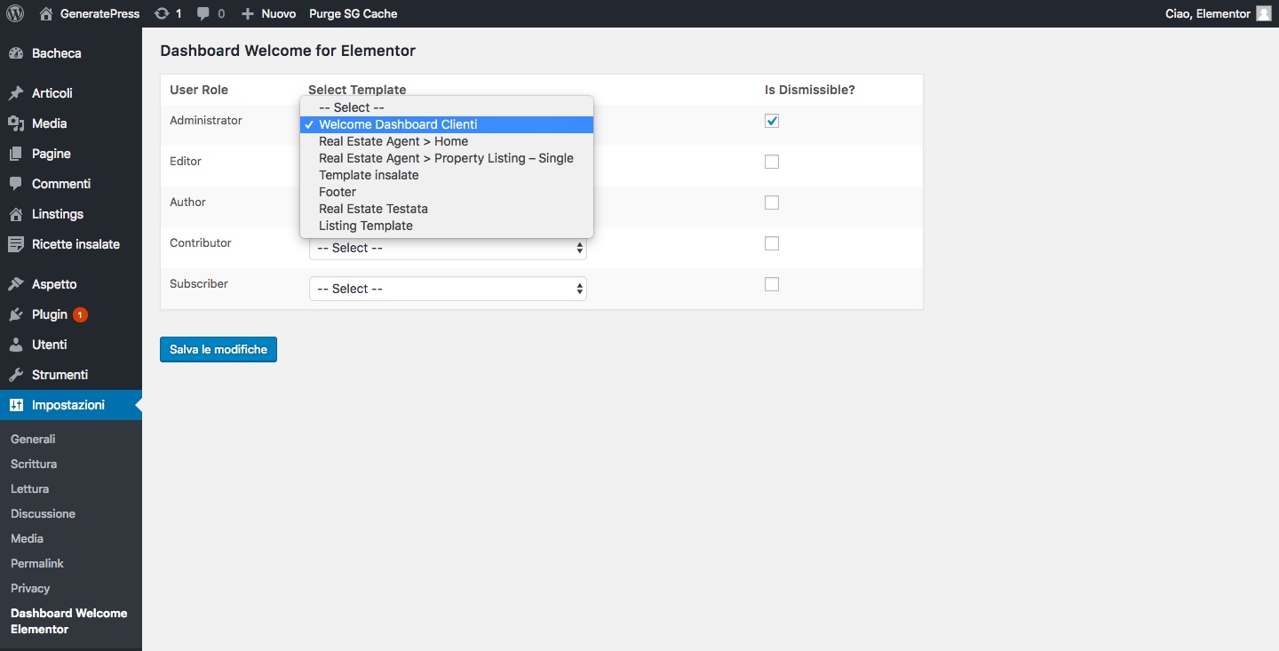 Elementor bacheca inserimento layout